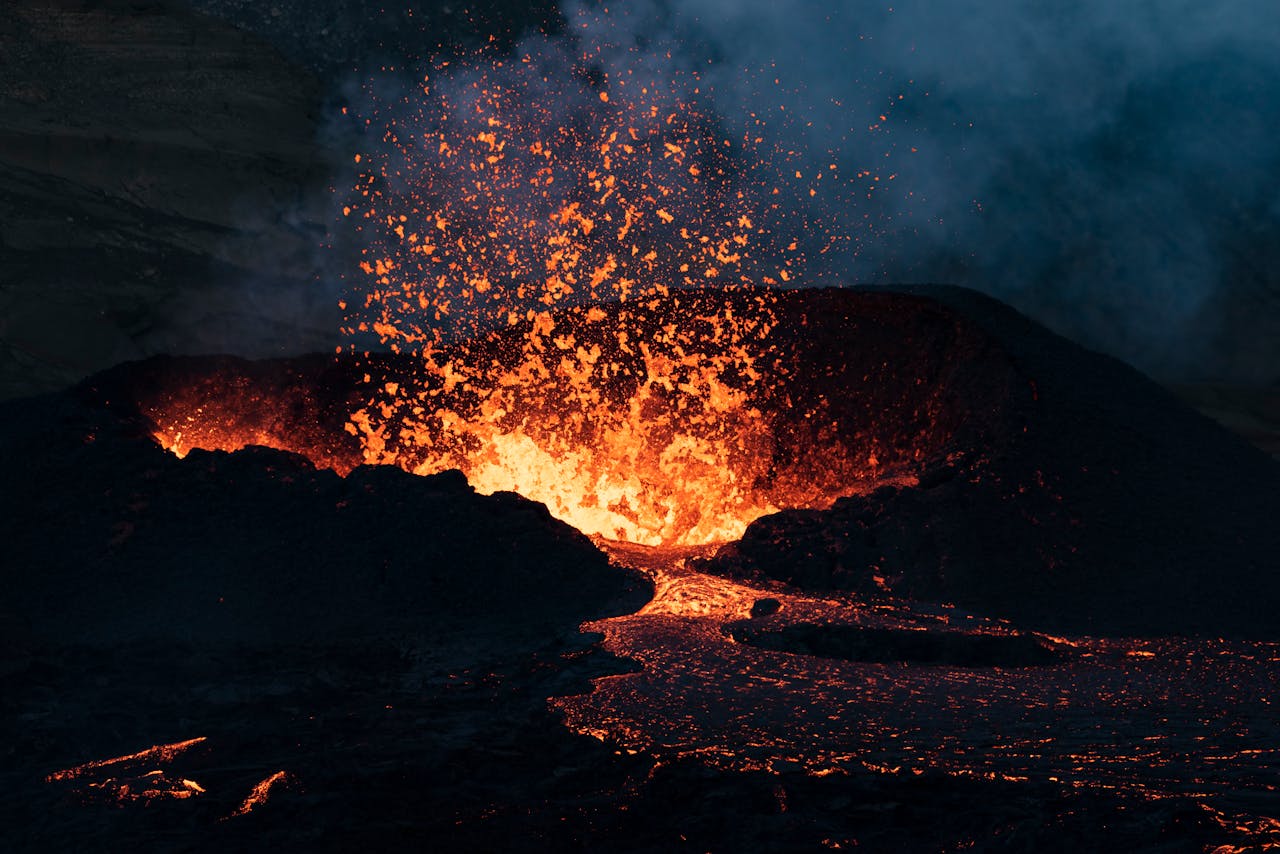 Fast Shutter Lava Spatters coming from a Crater during nighttime